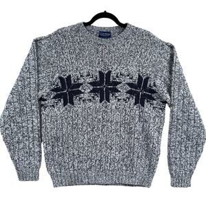 VTG Nordic Wool Sweater L Blue Marled Crewneck Snowflake Preppy Winter Knit 90s